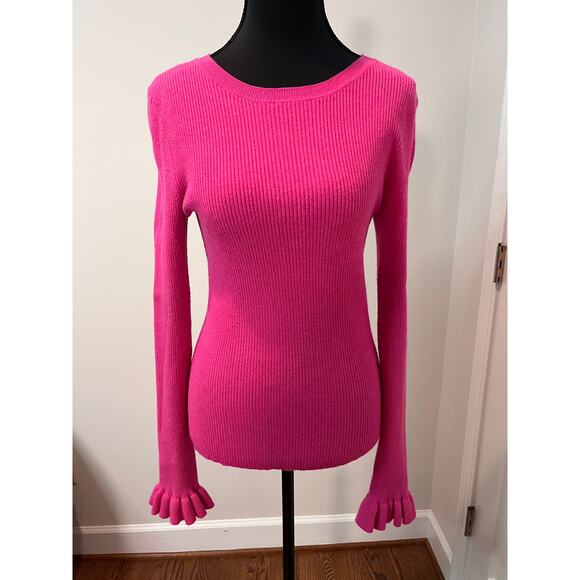 Hot Pink Ribbed Long Sleeve Sweater with Ruffled Cuffs - Picture 2 of 7